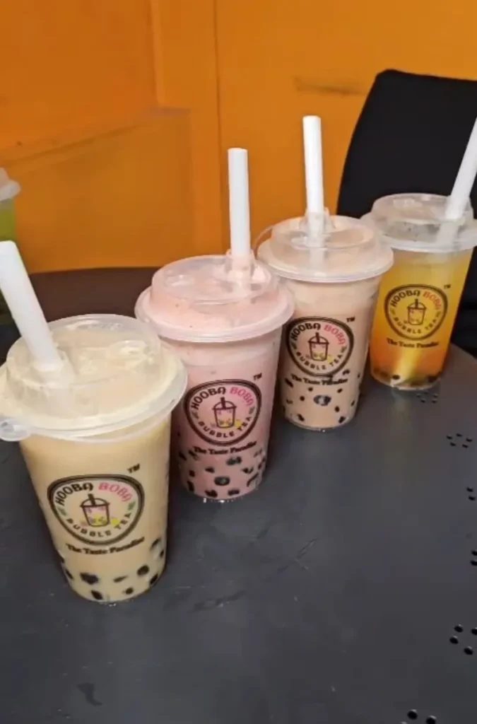 Four Hooba Boba bubble teas with tapioca pearls at the shop opposite VIT, Vellore