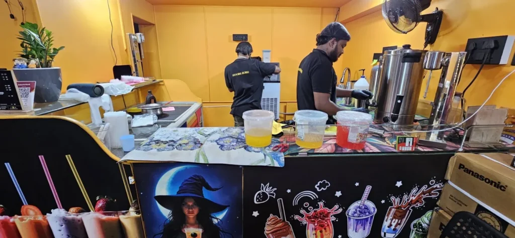 Hooba Boba bubble tea counter and staff at the shop opposite VIT 3rd Gate, Katpadi